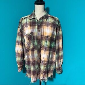 Urban Outfitters BDG M Orange Green Purple Plaid Distressed Flannel Button Down